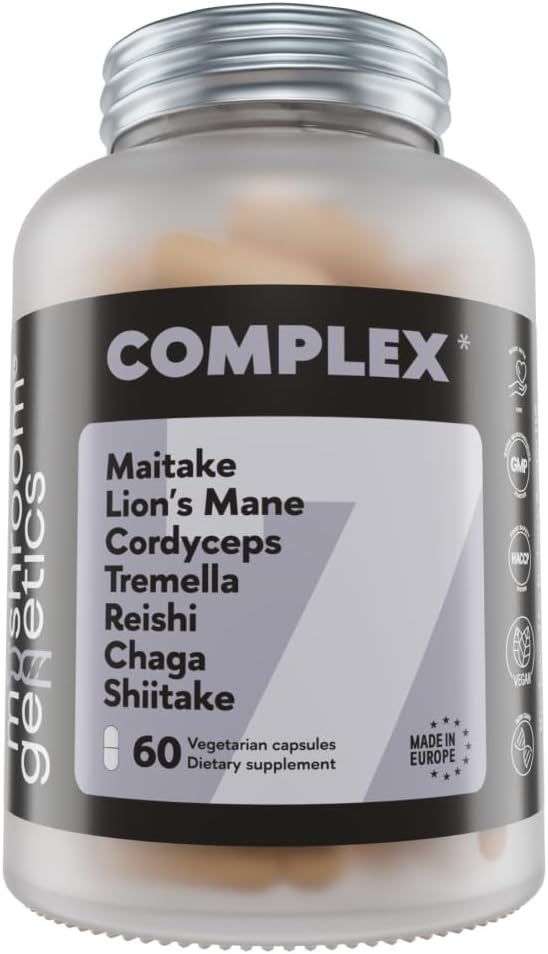 Complex 7 - Bio Reishi, Lions Mane, Cordyceps, Shiitake, Chaga, Maitake & Tremella für Immununterstützung, Focus & Energy | Adaptogenic Nootropic Mushroom Supplement | 60 Kapseln