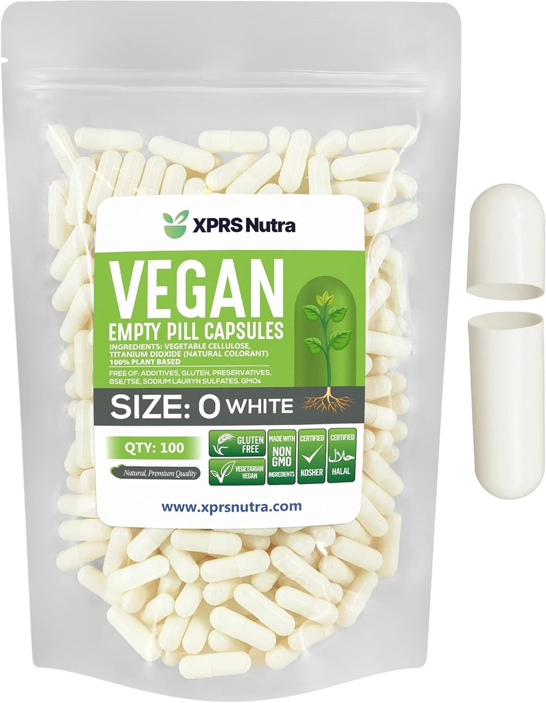 XPRS Nutra Größe 0 Leere Kapseln - 100 Zähler leere vegane Kapseln - Vegetarische Pillen - DIY Gemüse Kapsel Füllung - Veggie Pillen Kapseln für Do-It-Yourself Ergänzungen (Weiß)