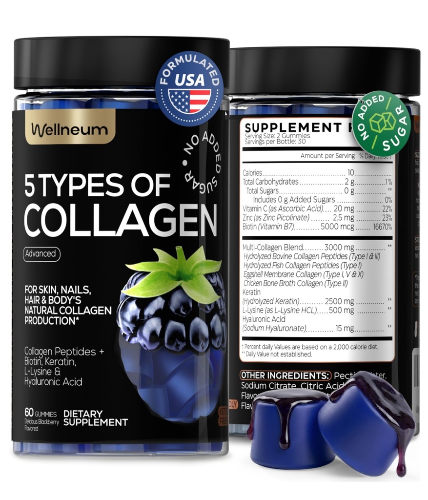 Collagen Peptide Gummie für Frauen und Männer - Collagen Gummy Supplement für gesundes Haar, Haut, Nägel und Knochen - Hyaluronsäure, Biotin, Keratin, Saw Palmetto - Sugar Free, No GMO und Gluten, 60 Stück