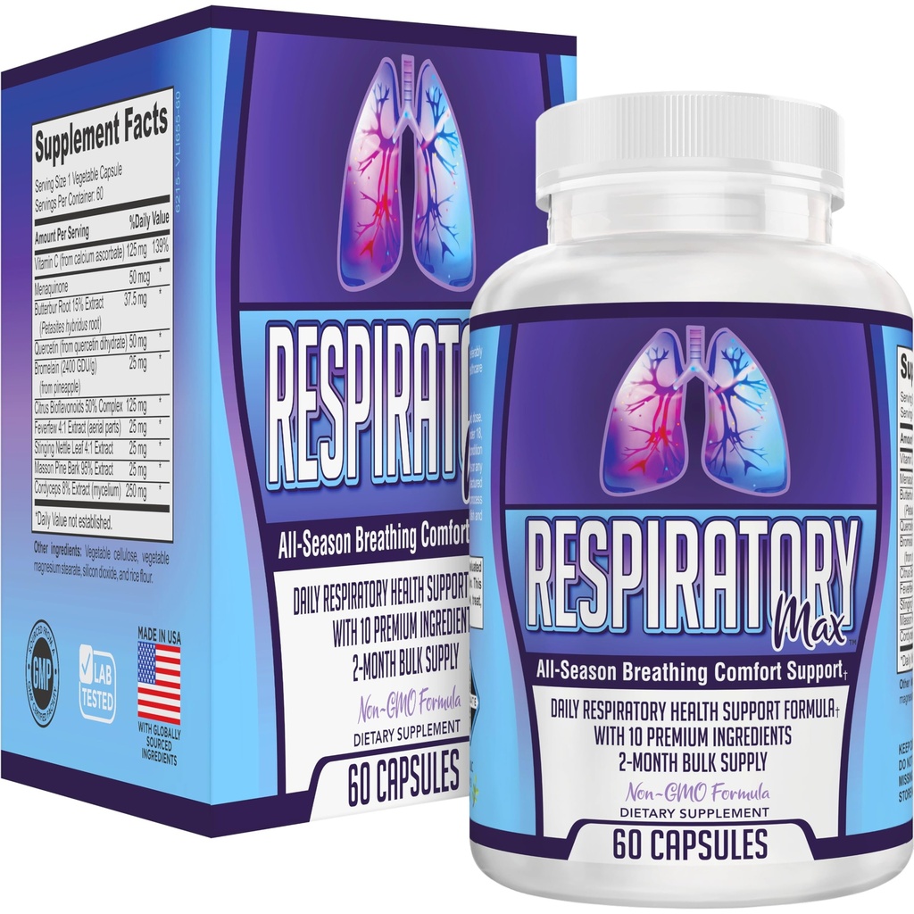 Respiratory Health Supplement 10-in-1 Blend | 2-Month Bulk Supply | Atmungsunterstützung Ergänzungen, Vitamine & Kräuter | Atmungsaktives System Ernährungsunterstützung für starke Lunge | 60 Kapseln