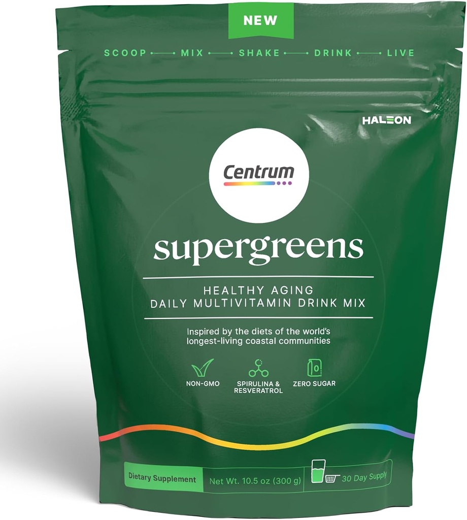 Centrum Supergreens - Superfood Powder & Multivitamin für Erwachsene – Greens Powder mit Spirulina, Pilz, Prebiotics & Enzyme Blend – 30-Day Supply