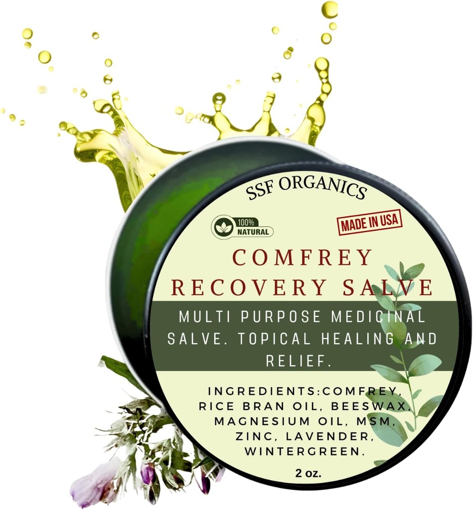 SSF Organics Comfrey Recovery Salve. Bio Kräuterbalsam für Knochen, Muskeln, Gelenke, Knie, Haut, Schwellung & Tattoo Pflege. Handgefertigt, langsam infundiert. Keine chemischen Füllstoffe. 2 oz