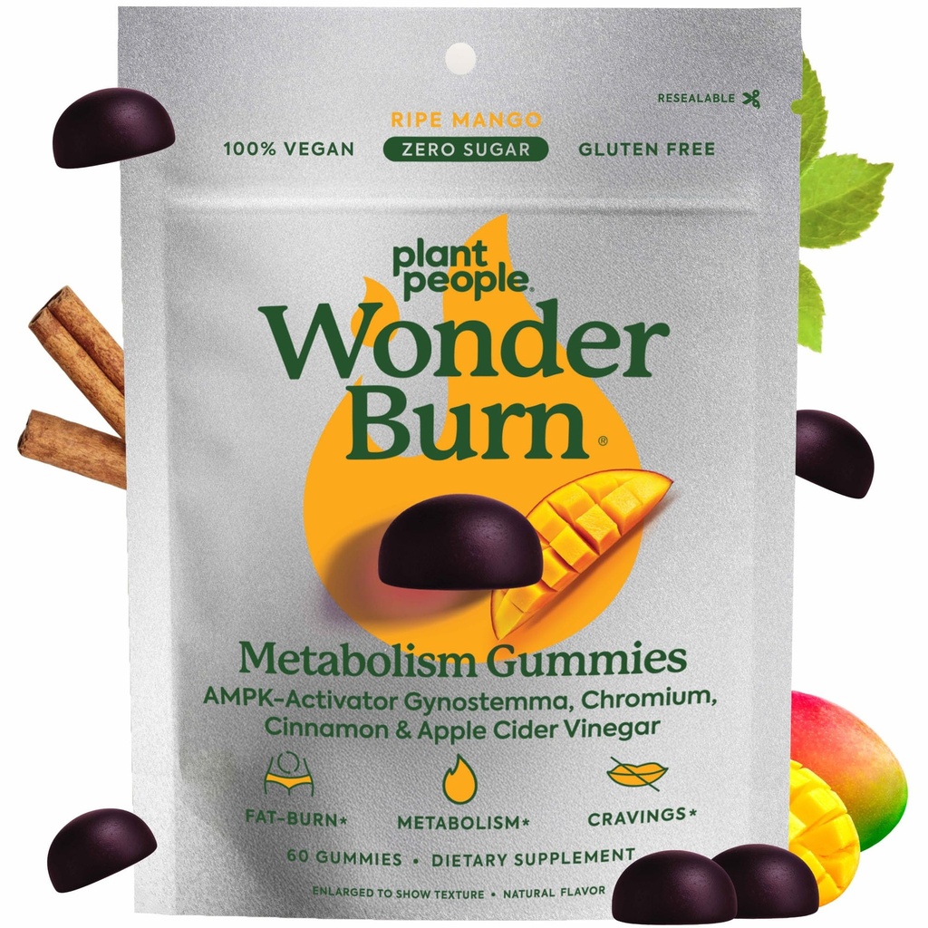 Plant People WonderBurn Metabolism & Cravings Control Gummis, Zero Sugar, Ripe Mango Flavor (60 Count)