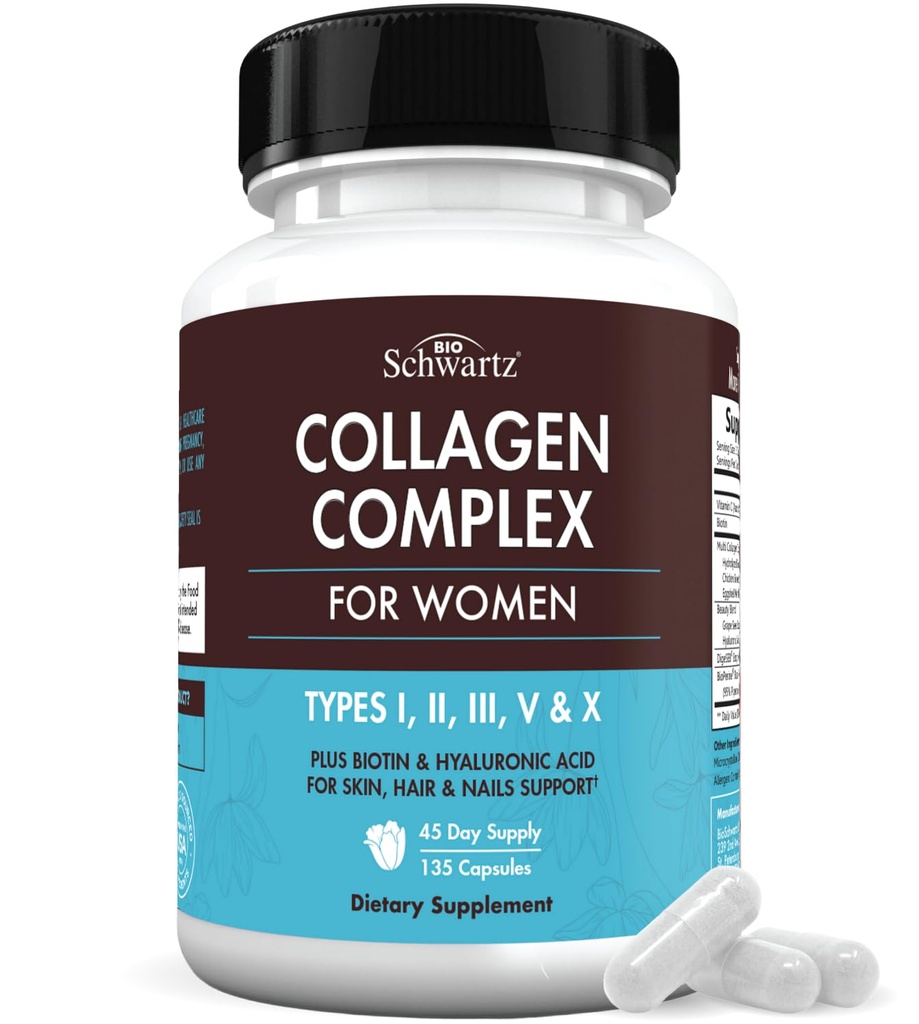 BioSchwartz Hydrolyzed Collagen Peptide Capsules - Multi Collagen Ergänzungen für Frauen Typ I, II, III, V, X mit Vitamin C, Biotin, Keratin und Hyaluronsäure für Haut, Haar & Nägel - 135ct