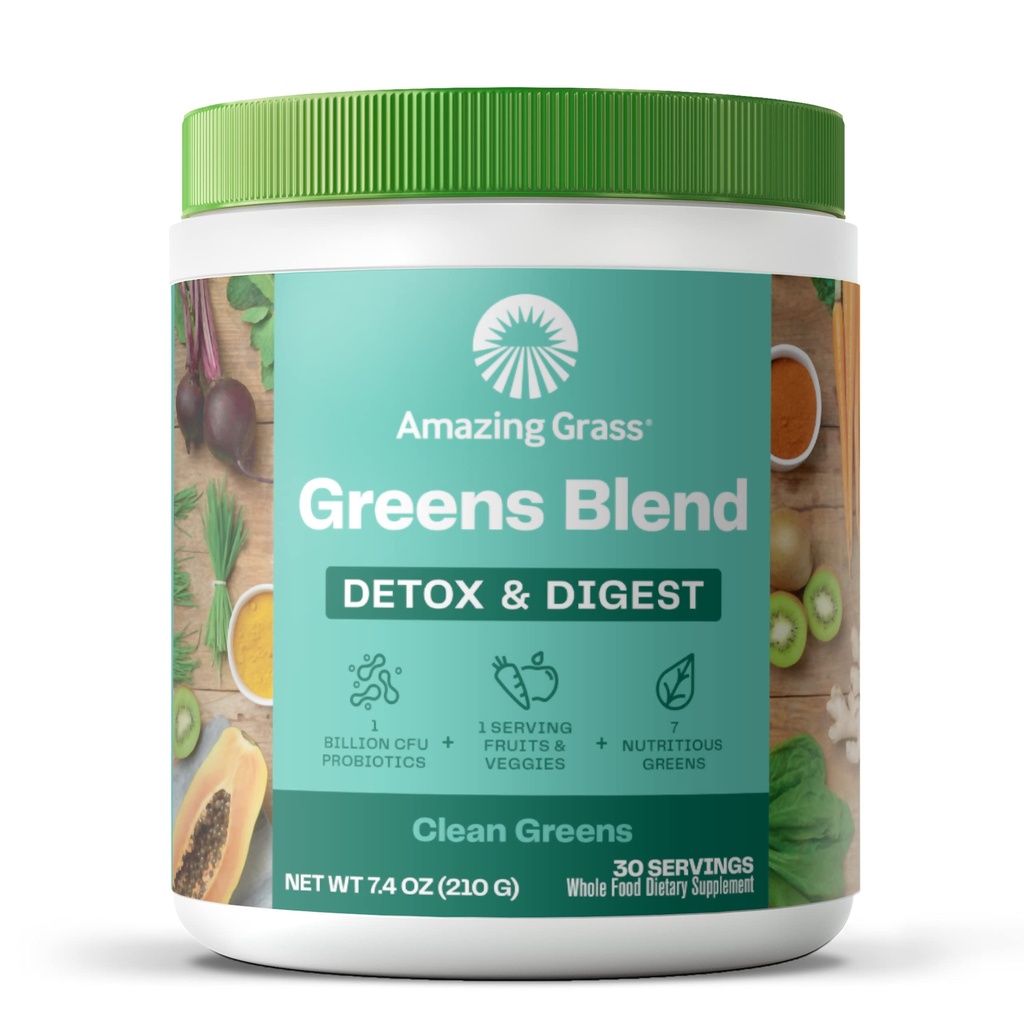 Erstaunliches Gras Grüns Superfood Detox & Digest: Grüns Pulver mit Verdauungsenzymen & Probiotika, Clean Green, 30 Servierungen (Packaging May Vary)