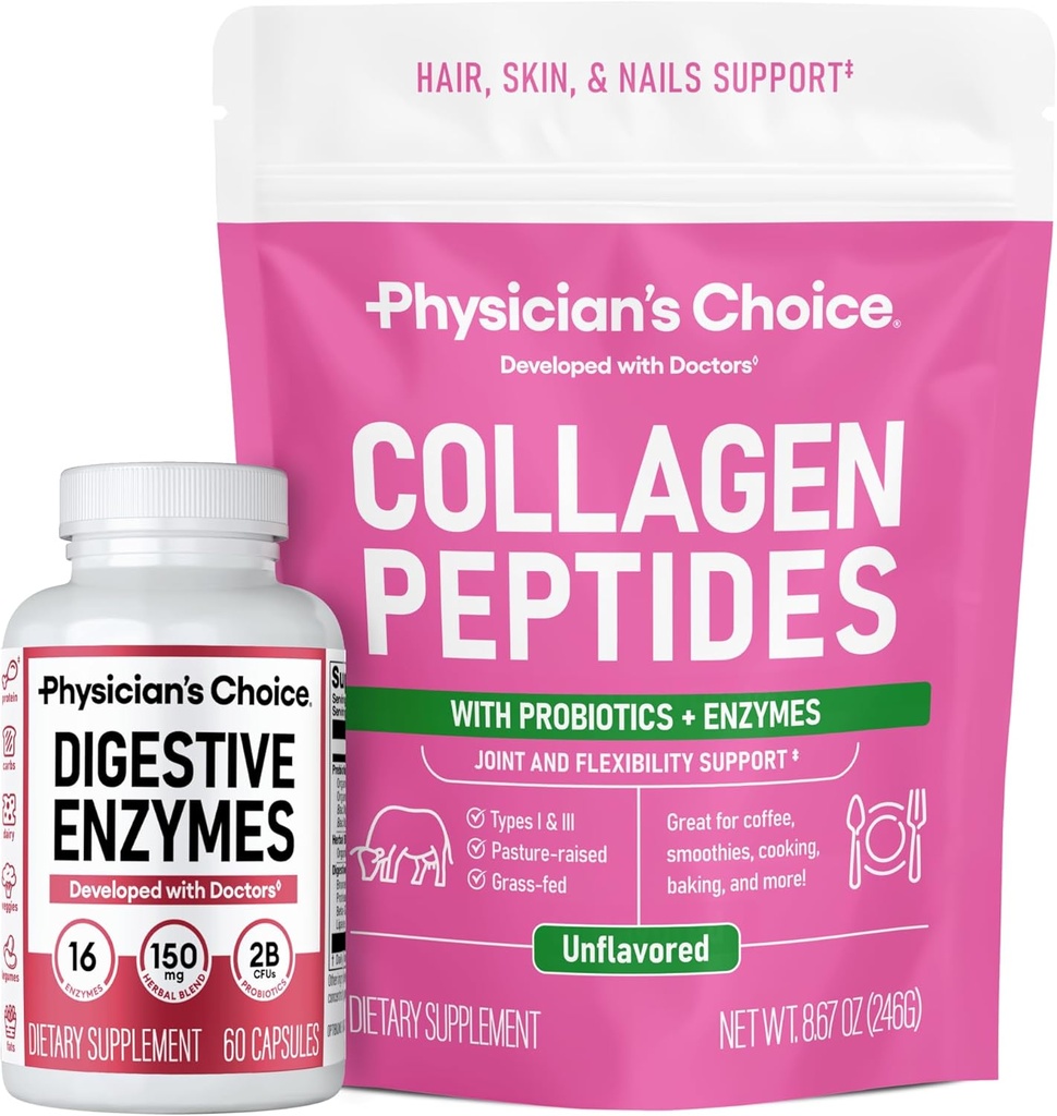 Physician's CHOICE - Full Gut Health Bundle: Collagen Peptides Powder + Digestive Enzymes 60ct für Verdauungskomfort, Workout Recovery, & Skin, Nägel und gemeinsame Unterstützung