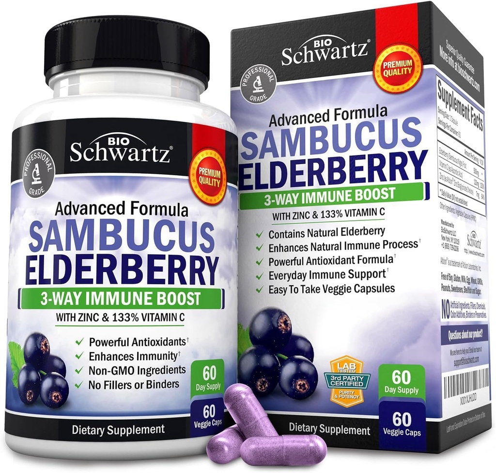 BioSchwartz Elderberry Kapseln 60 Count + Omega 3 Fischöl 90 Count Bundle