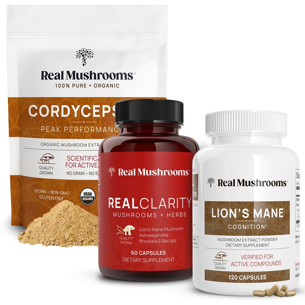 Reale Pilze RealClarity (60ct) & Lions Mane (120ct) Kapseln w/Cordyceps Powder Bundle - Pilzergänzung für psychische Klarheit, Fokus, Kognition, Energie & Vitalität - Vegan, Non-GMO