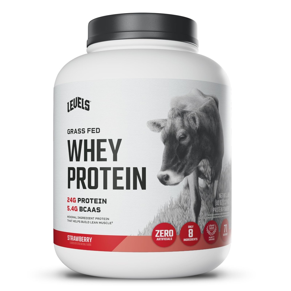 Niveaus Gras Fed Whey Protein Pulver, keine Künstlichkeiten, 24G Protein, Erdbeere, 5LB