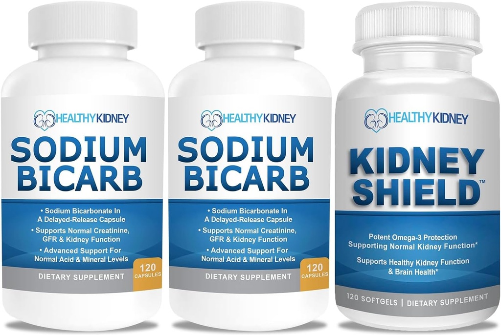Natriumbicarbonat 650mg Kapseln für Säureentlastung, Alkalinität 120 Pillen 2-Pack + Kidney Shield 120 Caps Nierenergänzung zur Unterstützung normaler Nierenfunktion