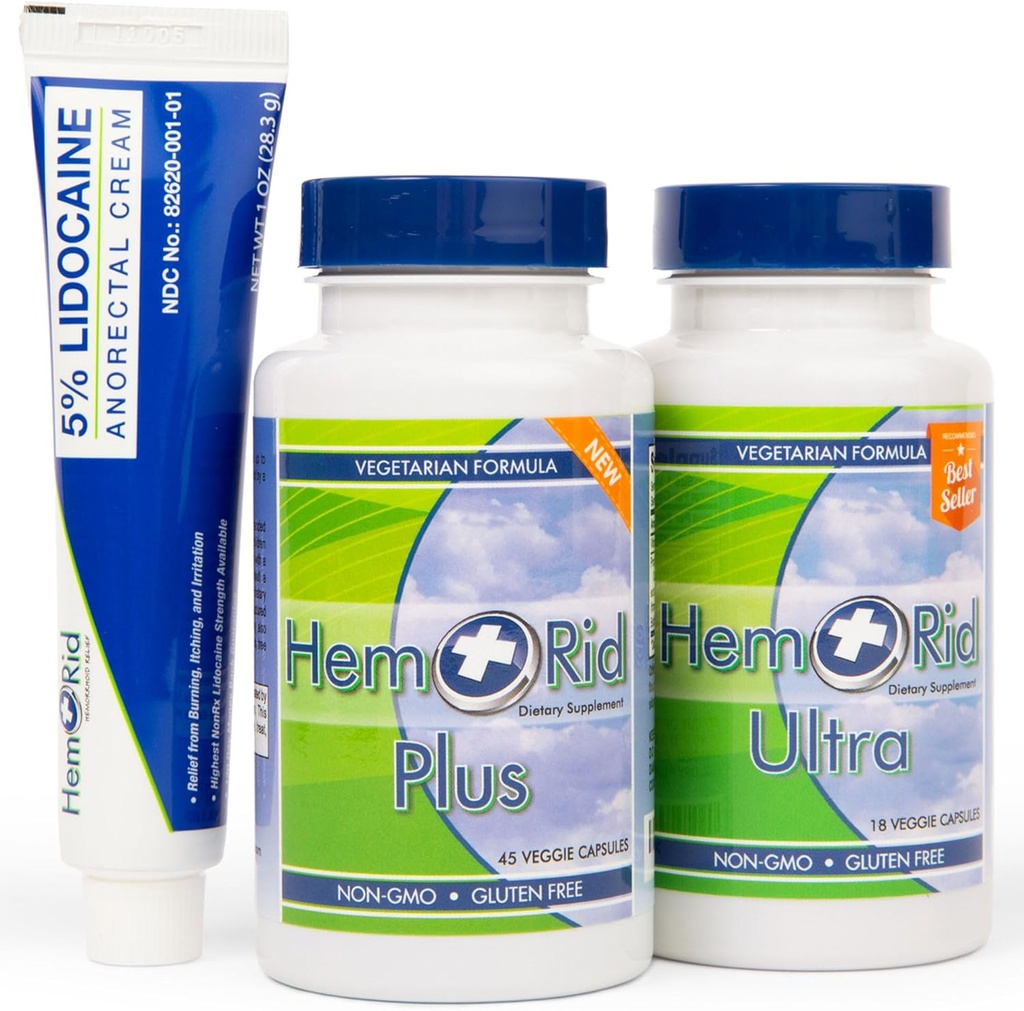 HemRid Plus, Ultra und 5% Lidocaine Cream Bundle – Herbale Hämorrhoiden-Ergänzungen und maximale Stärkecreme für Hämorrhoiden – Triple Action Relief für innere und äußere Hämorrhoiden