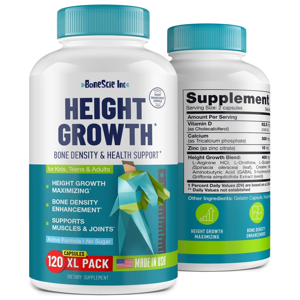 Height Growth Maximizer - Made in USA - Natural Height Steiger Booster & Bone Growth Pills - Grow Taller Supplement for Adults, Teens & Kids - Vitamine für Jungen & Girls to Get Taller - 120 Kapseln