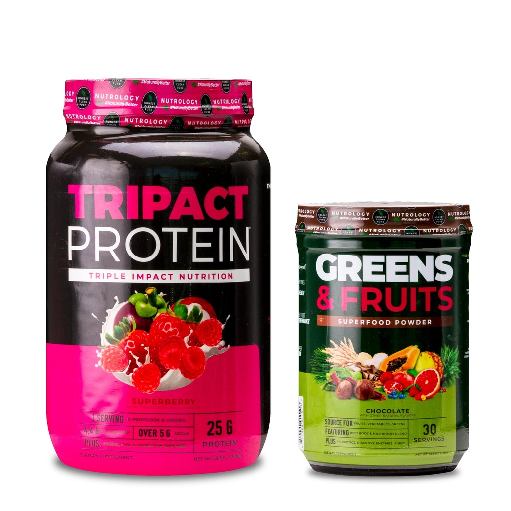 Nutrologie TRIPACT Protein Pulver, 7-in-1 Meal Ersatz Shake, Superberry (40 Servierungen) Greens & Fruits Powder-Naturally Sourced Superfood, Schokolade (30 Servierungen)