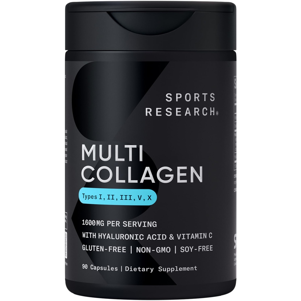 Sport Research® Multi Collagen Pillen für Damen und Herren - Collagen Peptide (Typ I, II, III, V, X) Verbessert mit Hyaluronsäure & Vitamin C - Glutenfrei - Non-GMO - 90 Kapseln