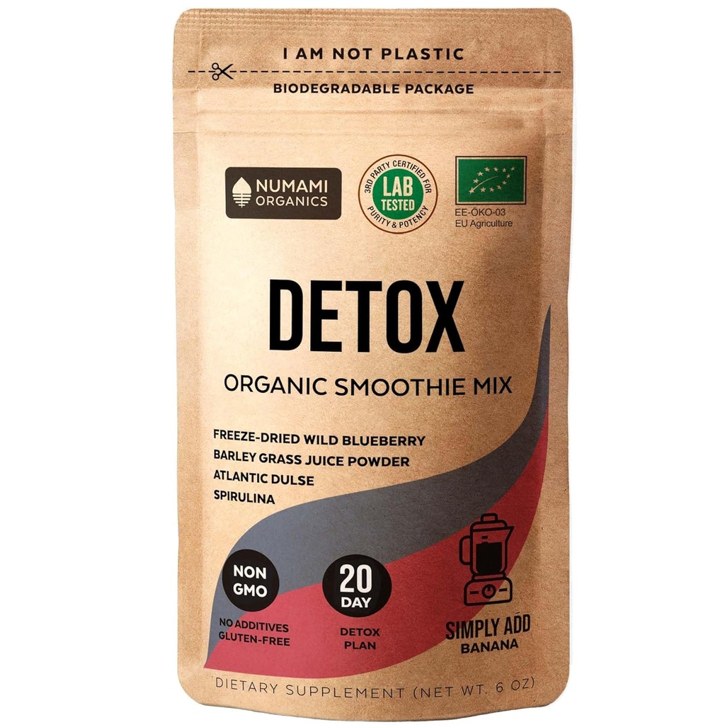 Numami Organic Detox Blueberry Smoothie Powder mit gesundem Spirulina, Atlantic Dulse und Gerste Grass Juice Powder, Premium-Qualität Superfood aus Europa