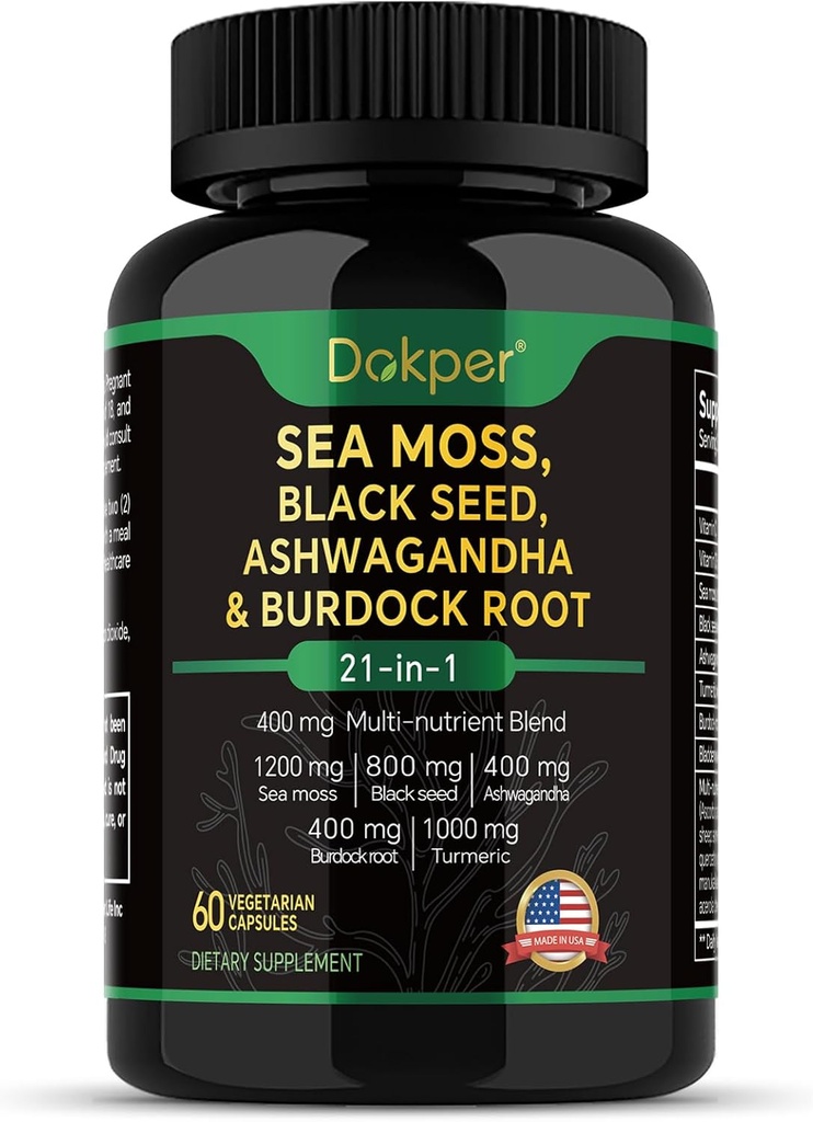 Sea Moss, Ashwagandha, Black Seed Oil Supplement, Vitamin C & D3 mit Turmeric, Bladderwrack & Burdock Root, Natürliche pflanzliche Unterstützung für Männer & Frauen 60 Kapseln, Nahrungsergänzungsmittel, Packung von 1