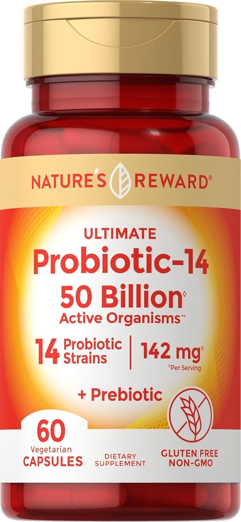 Probiotika mit Präbiotika - 60 Kapseln - 142 mg - 50 Milliarden aktive Organismen - Vegetarisch, Non-GMO & Gluten kostenlose Ergänzung - von Nature's Reward