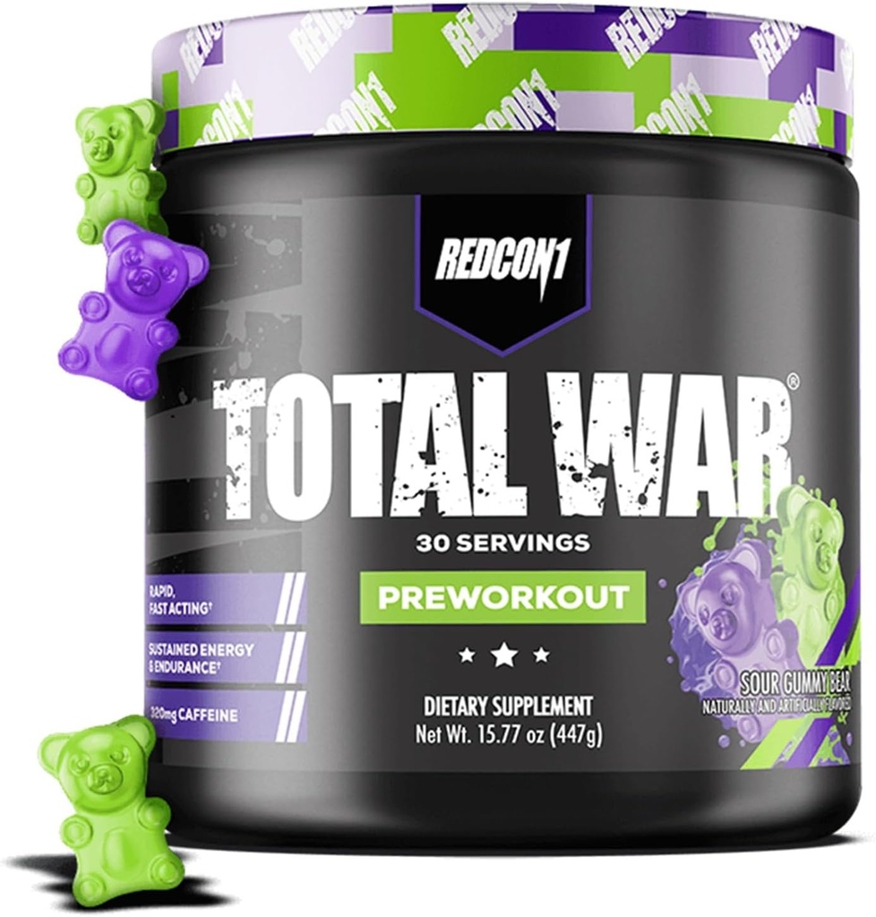 REDCON1 Total War Pre Workout, Sour Gummy Bear - Enthält 320mg Koffein aus Grüner Tee, Juniper & Beta Alanine - Pre Work Out mit Aminosäuren zu erhöhen Pumpe, Energie + Ausdauer (30 Servierungen)