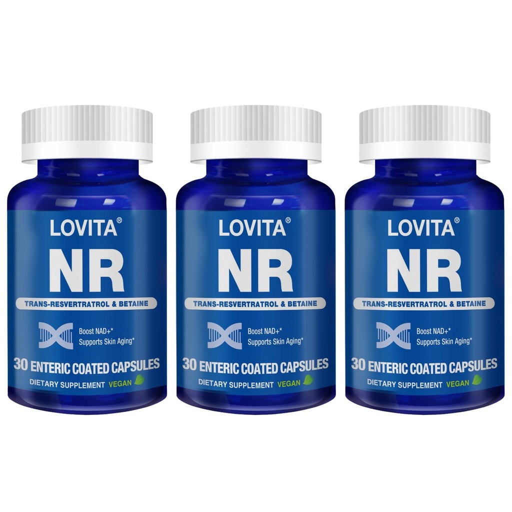 LOVITA NR (Nicotinamide Riboside) 350 mg, NAD Supplement with Trans-Resveratrol and Betaine, Promote NAD Plus Levels, Healthy Aging, 30 Vegan Enteric-Coated Capsules (Pack of 3)