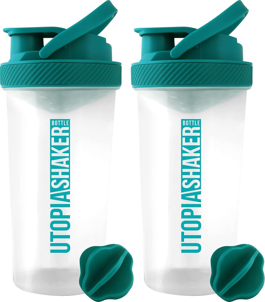Utopia Home Protein Shaker Bottle - (Pack von 2) 28-Ounce Shaker Flaschen Für Protein Mixes - Fitness Sports Classic Protein Mixer Shaker Bottle (Clear/Teal)