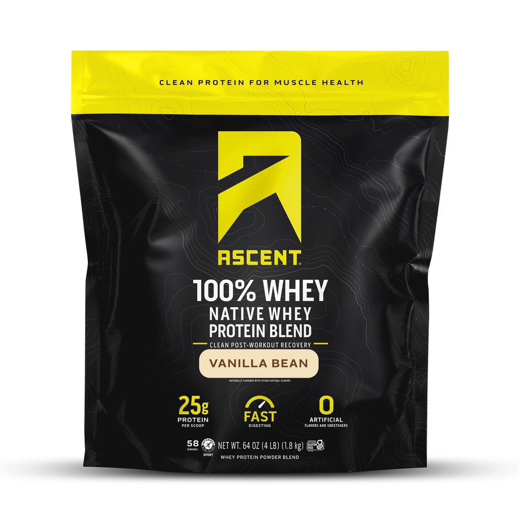 100% Whey, Native Whey Protein Blend - Clean Post Workout Recovery, Digesting, Zero Artificial Flavors & Sweeteners, Gluten Free, 5.5g BCAA, 2.6g Leucine, Vanilla Bean 4 lb.