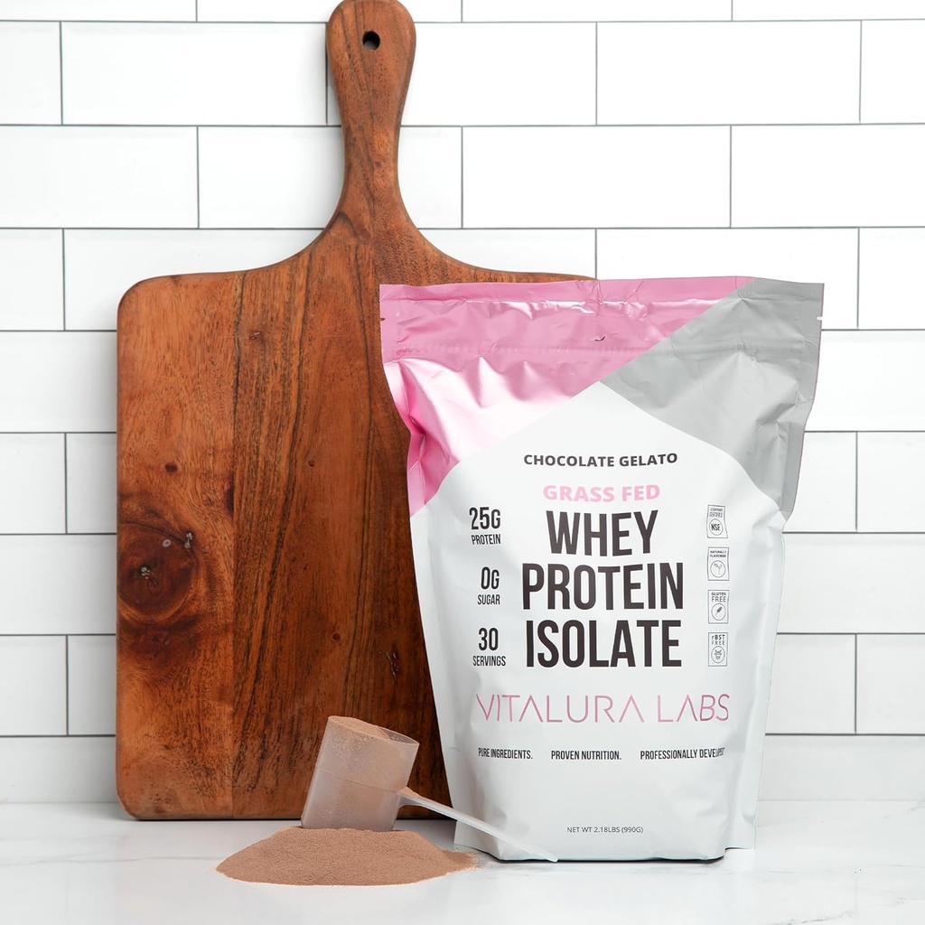 Vitalura Labs Grass-Fed Whey Protein Isolate - Protein 25g (DV 50%) Pro Serving - 100% Whey Isolate - NSF Content Certified - Chocolate Gelato Flavored - No Fillers - Easy Digesting - 30 Portionen