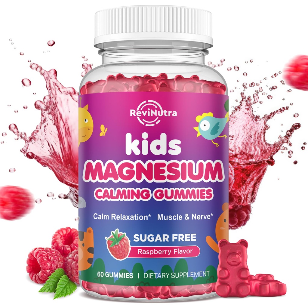 Kinder Magnesium-Gummien, Magnesium-Glycinat-Gummien für Kinder & Erwachsene mit L-Theanin, Kamille, Licorice, Vitamin D, B6 für Schlaf, Entspannung, Gehirn & Muskel, Sugar Free Raspberry 60ct