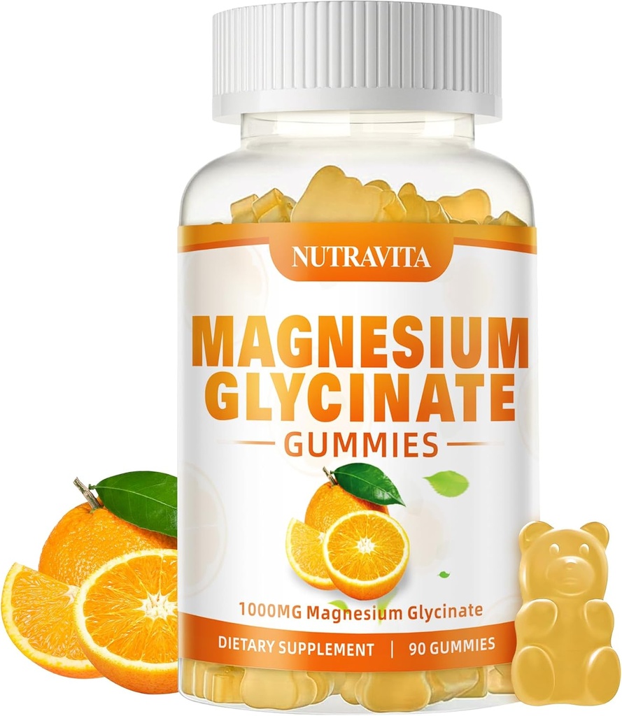Magnesium-Glycinat-Gummien 1000mg mit Magnesium L-Threonat,Chelat Magnesium-Kalium-Komplex-Ergänzung mit VitD, B6, CoQ10, Calcium,Unterstützung für Gedächtnis, ruhig, Stimmung - 90 Gummi Orange