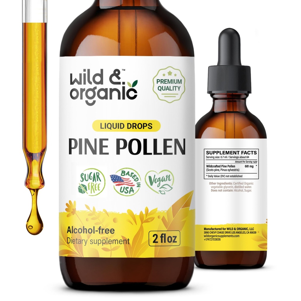 Wild & Organic Pine Pollen Tincture - Pine Pollen Extract Drops for Men & Women - Add to Tea & Drink - Pure Pinus Sylvestris Extract - Vegan, Sugar & Alcohol-Free Liquid Supplement - 2 fl oz