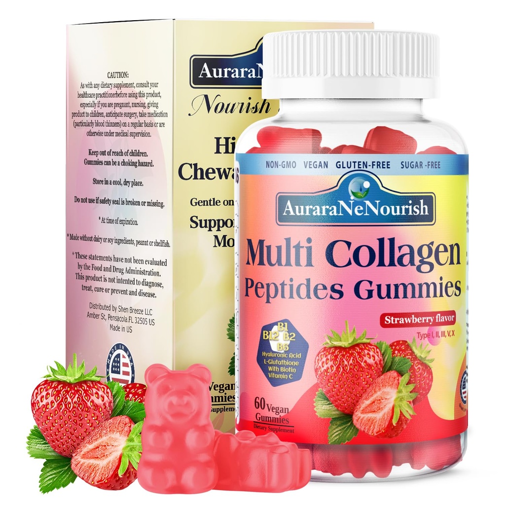 Multi Collagen Peptides Gummies, Sugar Free Hydrolyzed 5000mg Protein丨Type I,II,III,V,X with Biotin Hyaluronic Acid Vitamin C A D B6 B12 L-Glutathione for Skin Hair Nail Joint Bone -Strawberry Gummies
