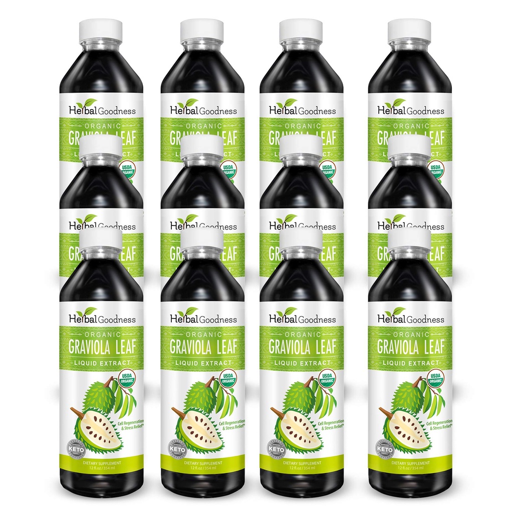 Herbal Goodness Graviola Leaf Extract 15X Strength - Soursop (Guanabana) Leaves Liquid USDA Organic Non-GMO Kosher Cell Support & Regeneration & Stress Relief Immune Boost 12(12oz) btls