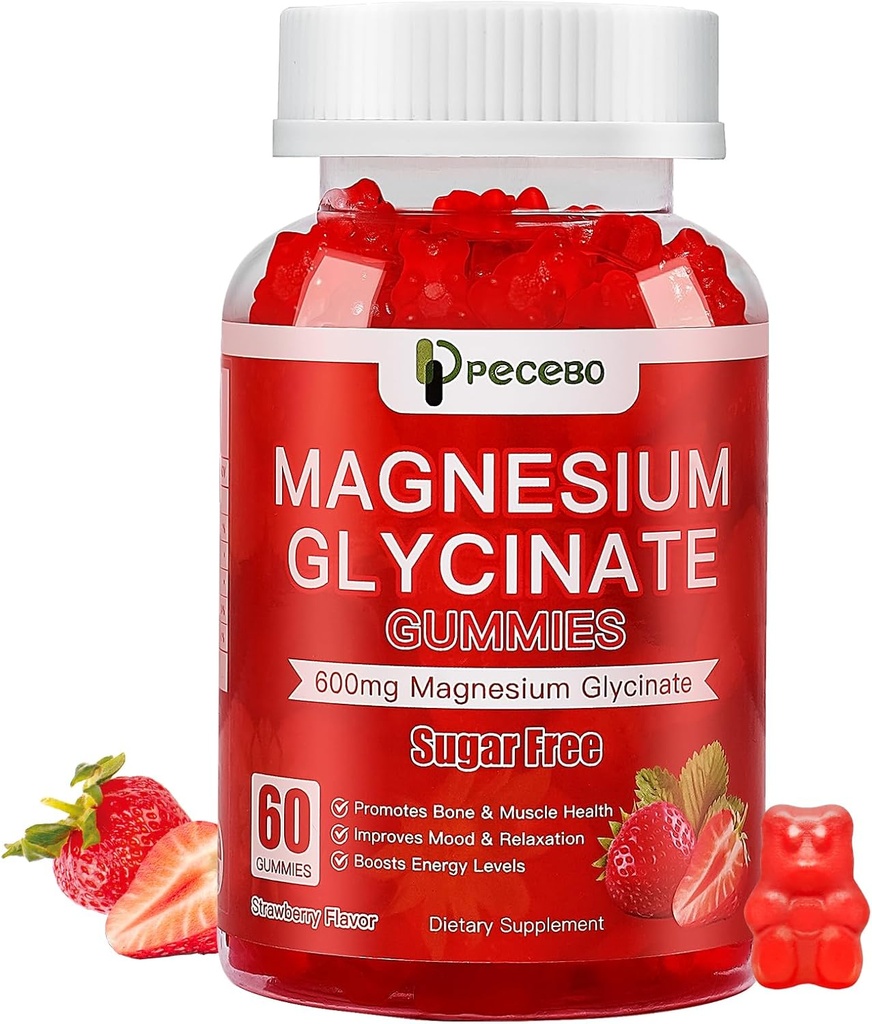 Magnesium-Glycinat-Gummi 600mg, Zucker freie Magnesium-Gummi für Erwachsene, hohe Absorption Magnesium-Ergänzung für Stress & Muskelrelief & Nerve Gesundheit, Non-GMO, Glutenfrei, Vegan, 60 Zähler