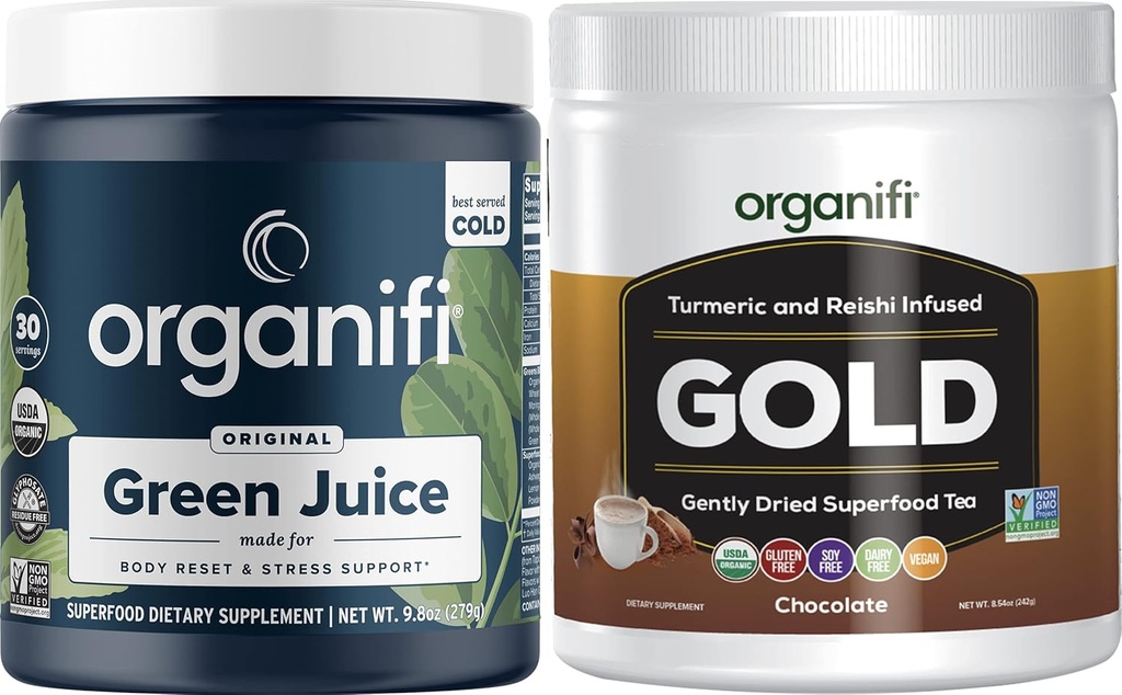 Organifi Grüne Saft Superfood Pulver (30 Portionen) und Gold Schokolade (20 Servierungen) - Gewichtskontrolle, Detox Cleanse, Restaurierter Schlaf, Stress Relief und Immunität Unterstützung - Glutenfrei, Vegan, Ganzes Essen
