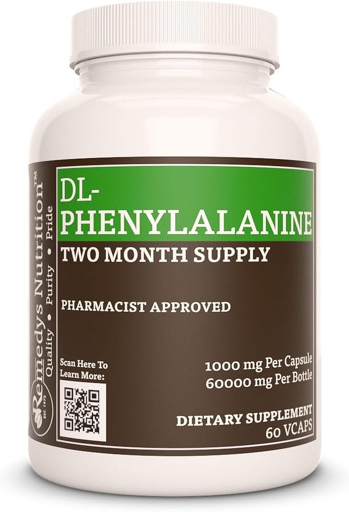 Remedys Ernährung DL-Phenylalanin (DLPA) | 1.000 mg, 60 Vegan Kapseln Nahrungsergänzungsmittel | Zwei Monate Versorgung