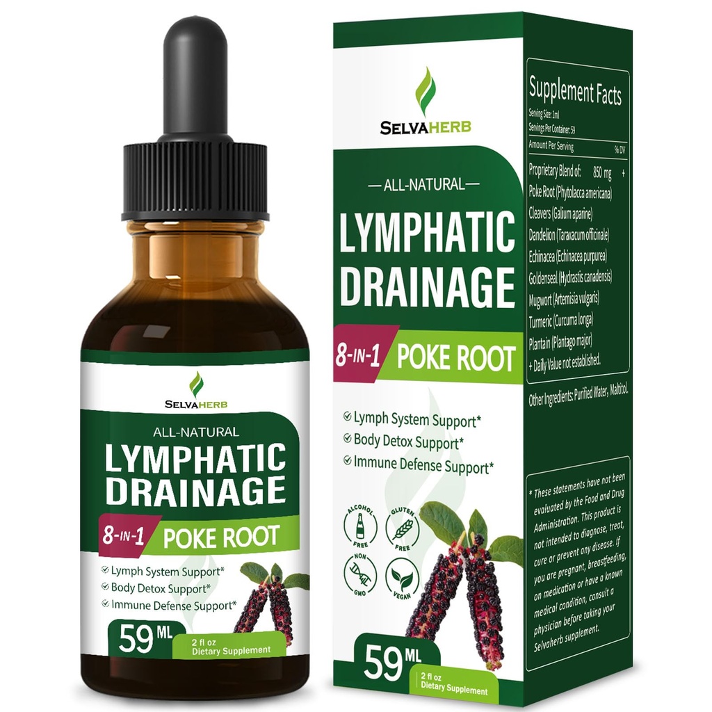 Poke Root Kräuter Lymphdrainage Tropfen für Lymphsystem Unterstützung, 8-in-1 Optimierte Kräuterformel Ergänzung Tincture für Körper Detox & Immune Unterstützung w/Cleavers Echinacea Extrakt. 2oz