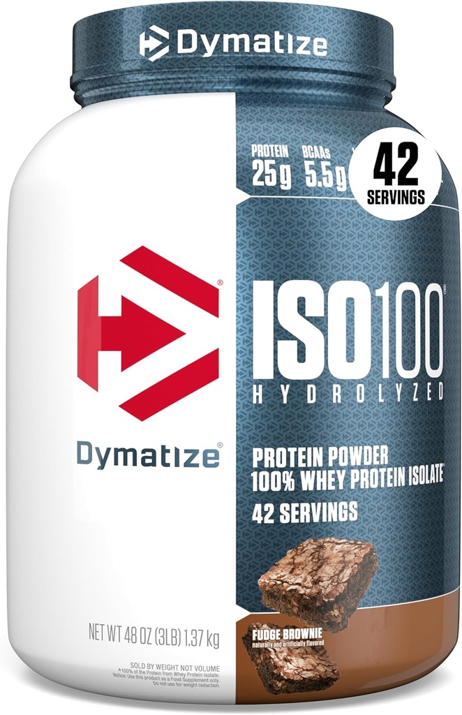 Dymatize ISO100 Whey Protein Pulver Isolieren, Fudge Brownie, 25g Protein, 3 Pfund, 5.5g BCAAs, Weniger als 120 Cal., Glutenfrei, 1g Fett, 1g Zucker, 2g Carb (42 Servierungen)