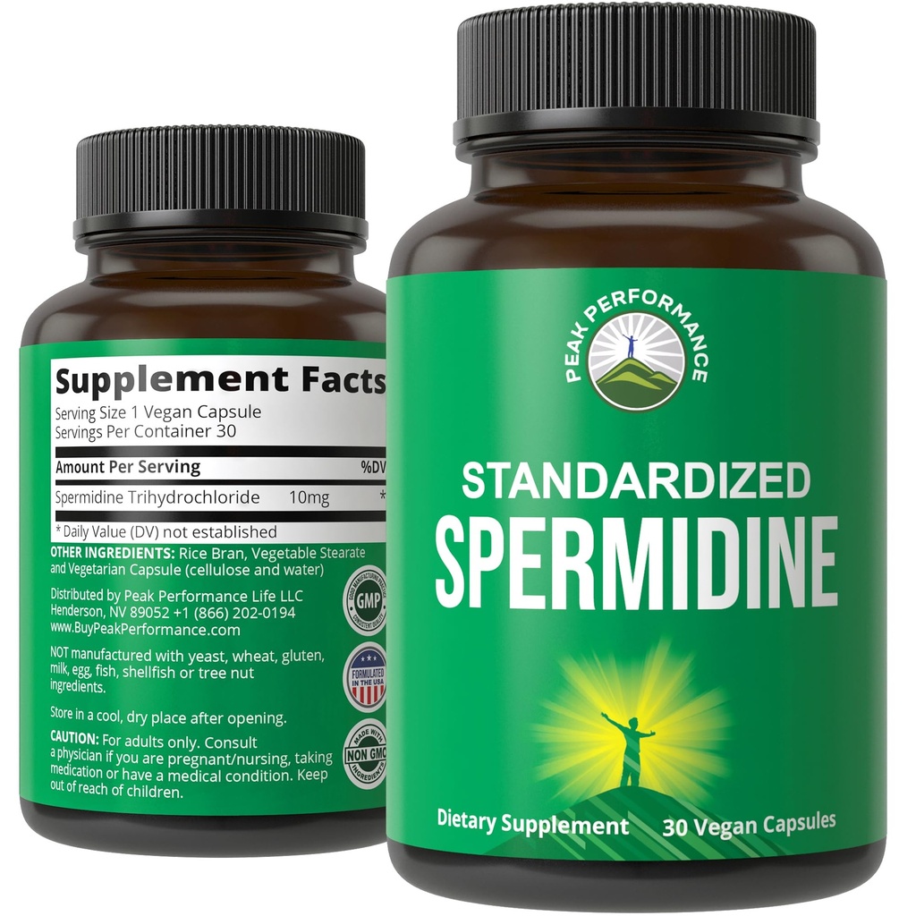 Spermidin Supplement Ultra High Strength Standardisiert auf 99% Spermidin Trihydrochlorid. Mehr Potent als Weizen Germ Extrakt. Vegan Kapseln für gesundes Altern, Langlebigkeit. USA Geprüfte Beilagen