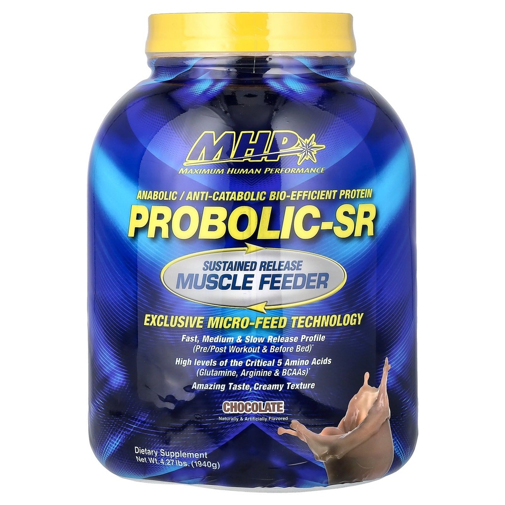 Maximum Human Performance Probolic-SR Sustained Release Protein Powder, 24g Protein, BCAAs, Glutamin, Arginin, Pre-Workout, Post-Workout, Nighttime Protein, 4lbs, 52 Servierungen, Schokolade