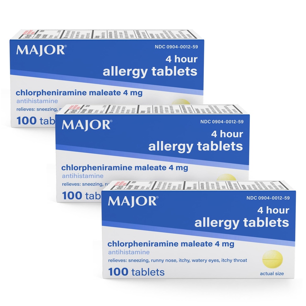 MAJOR 4 Mg Allergy Tablets - Chlorpheniramin Maleate 4-Hour Allergy Medicine - Antihistamin für Relief des Niesens, Itchy Watery Eyes, Itchy Throat und Runny Nose - 100 Count (3 Pack)
