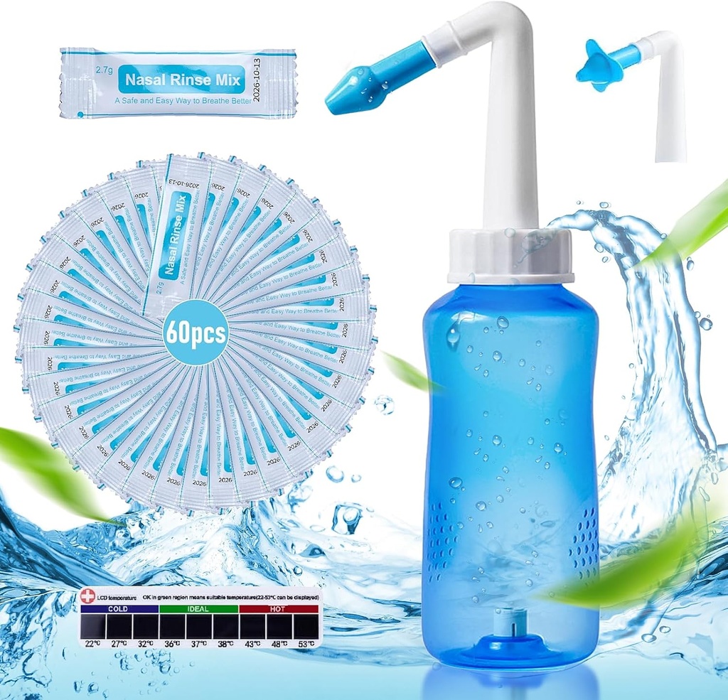 Neti Pot Sinus Rinse Bottle Nose Wash Cleaner Druck Rinse Nasal Bewässerung mit 60 Nasal Wash Saline Packets & 300 ML Neti Bottle Refill Kit Idea und Aufkleber Thermometer für Erwachsene & Kid (blau)