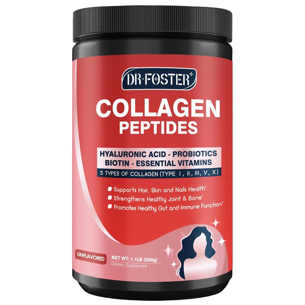 DRFOSTER Multi-Collagen-Peptide-Powder mit Probiotika, 50 Portionen von hydrolysierten Collagenpeptiden mit Hyaluronsäure, Biotin & Multivitamins - Unterstützt Haut, Haar, Nägel Gesundheit