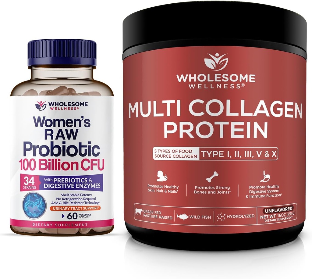 Ganzsome Wellness Probiotics für Frauen 100 Billion CFUs mit Präbiotika, Verdauungsenzyme + Multi Collagen Protein Powder Hydrolyzed (Typ I II III V X) Bundle