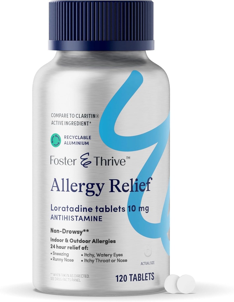 Foster & Thrive Loratadine 10mg Non Drowsy Allergy Relief für Sinus Druck und saisonale Allergien, Antihistamin relieves Itchy Eyes, Sneezing, Kinder und Erwachsene, 120 Tabletten