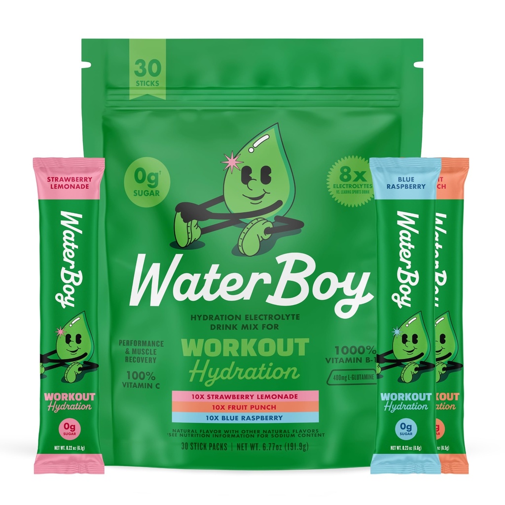 Waterboy Workout Hydration | 2,960mg Zucker Kostenlose Elektrolyt-Pulver-Packets | L-Glutamin + Vitamine | Kein Zucker, alle natürlichen, Glutenfrei (Variety)