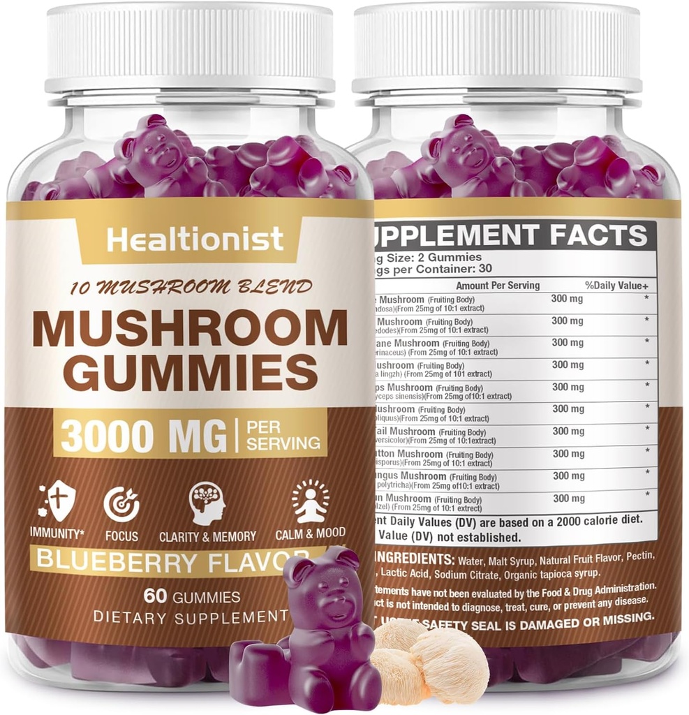 3000MG Mushroom Complex Gummies 10 Blend - Lion's Mane Gummis für Erwachsene, Cordyceps, Shiitake, Reishi, Chaga, - Gehirn, Immununterstützung & Stress Relief, Energie, Pilz-Ergänzung für Männer & Frauen 60