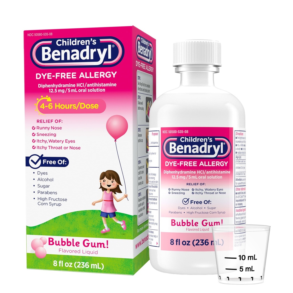 Benadryl Kinder Dye-Free Allergy Relief Liquid, Allergy Medicine for Kids, 12.5 mg Diphenhydramine HCl Antihistamin, glaubt Runny Nose & Sneezing, Paraben-Free, Bubble Gum Flavor, 8 fl.