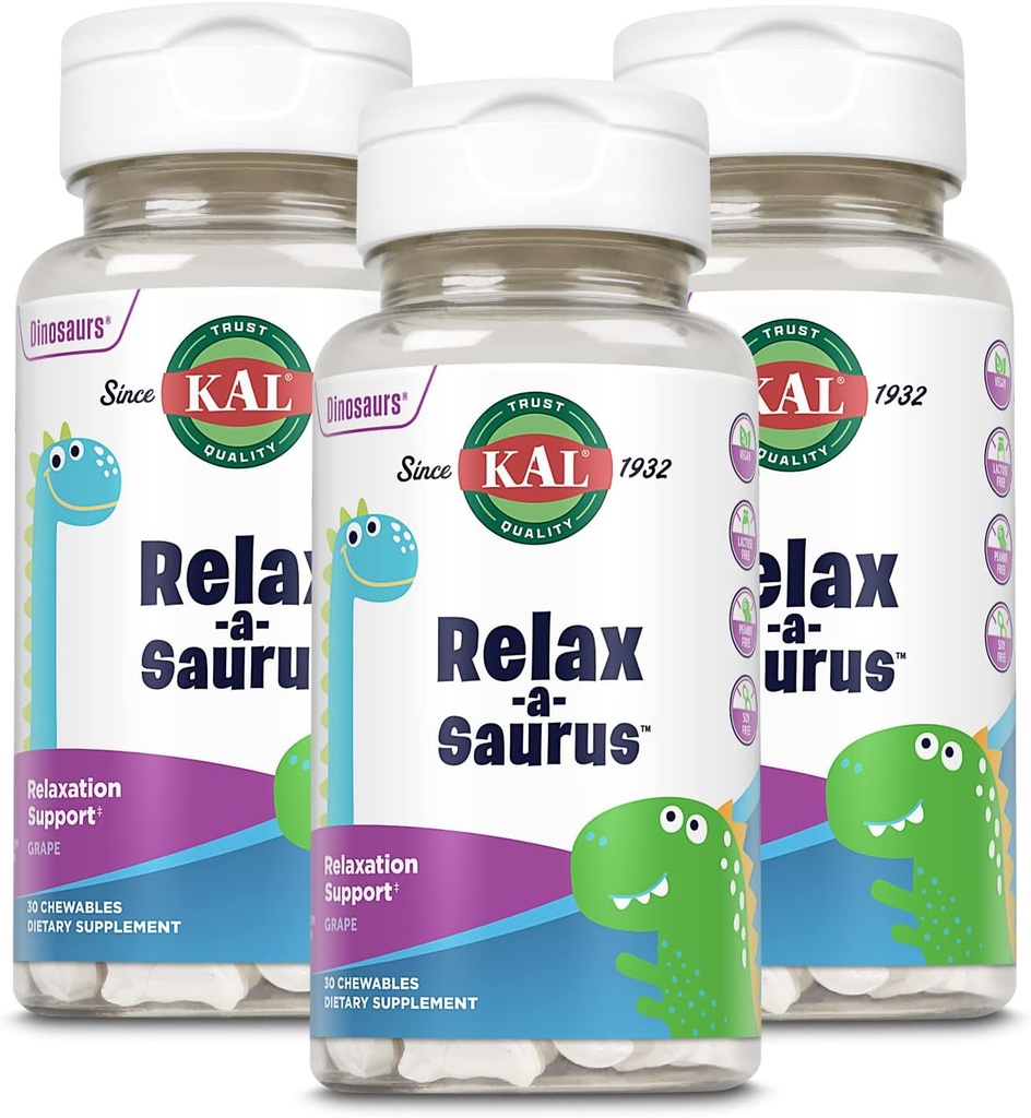 KAL Relax-a-Saurus, Stress Support-Ergänzung für Kinder, L-Theanine für Kinder mit Kräuter Stress-Relief & Entspannung & Blend, Delicious Natural Grape Flavor, 60-Day Garantie, 30 Chewables Pack von 3