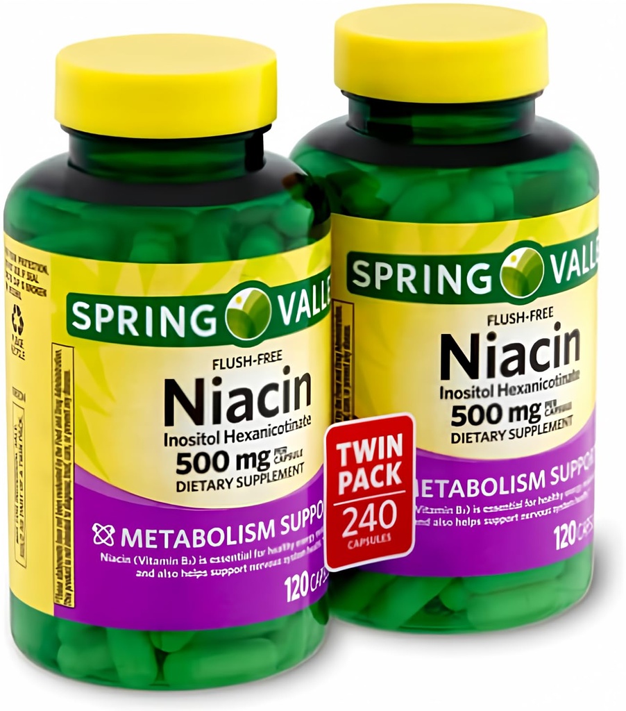 Spring Valley - Flush Free Niacin (B-3) 500 mg, 240 Kapseln (2 Flaschen von 120)