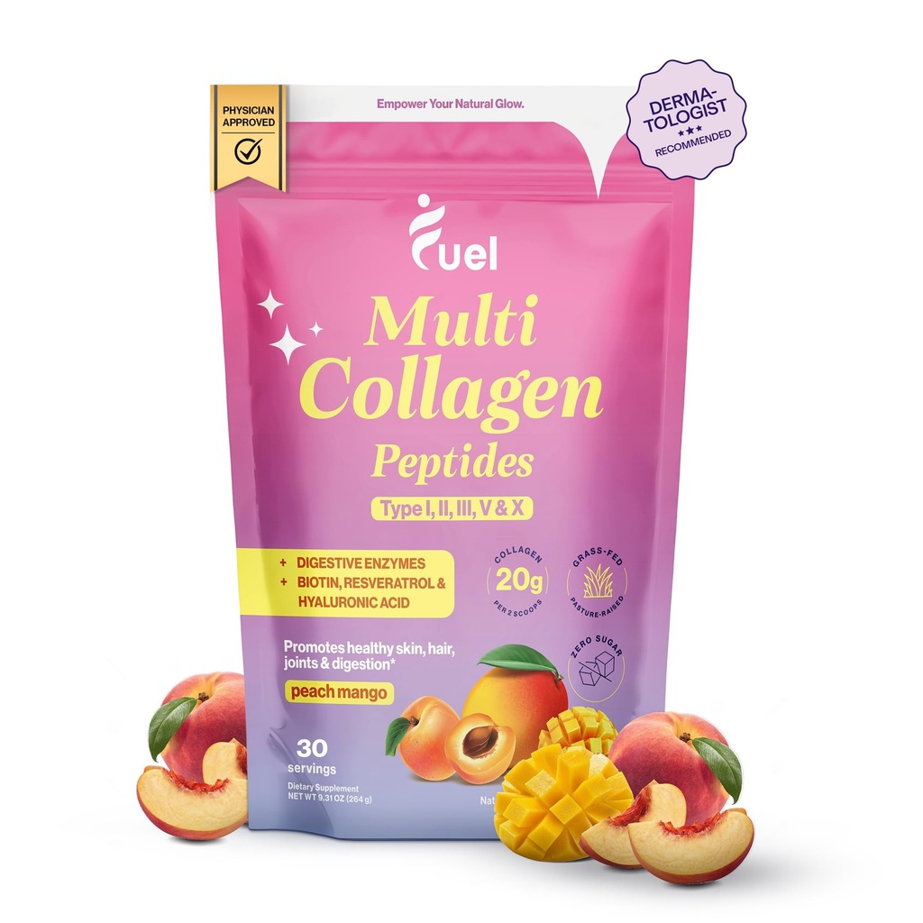 Fuel Multi Collagen Peptides Powder – 20g hydrolysiertes Kollagen I, II, III, V & X für Haar, Haut, Nails & Joint Support – Bessere Absorption – Keto & Glutenfrei, Peach Mango, 9.31oz