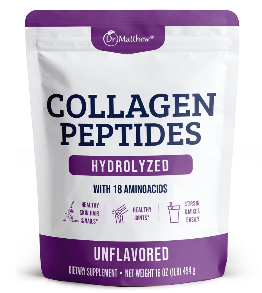 Dr. Matthew Hydrolyzed Collagen Peptides Powder - Unflavored & Grass Fed Protein Supplement für Haar, Haut, Gelenke - Non-GMO, Keto-Friendly, Typ 1 und 3, für Frauen und Männer